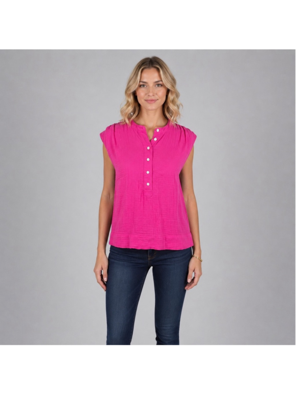 J Crew Cora Top Cotton Gauze Blouse Fuchsia Hot Pink Sleeveless Henley Boxy XS